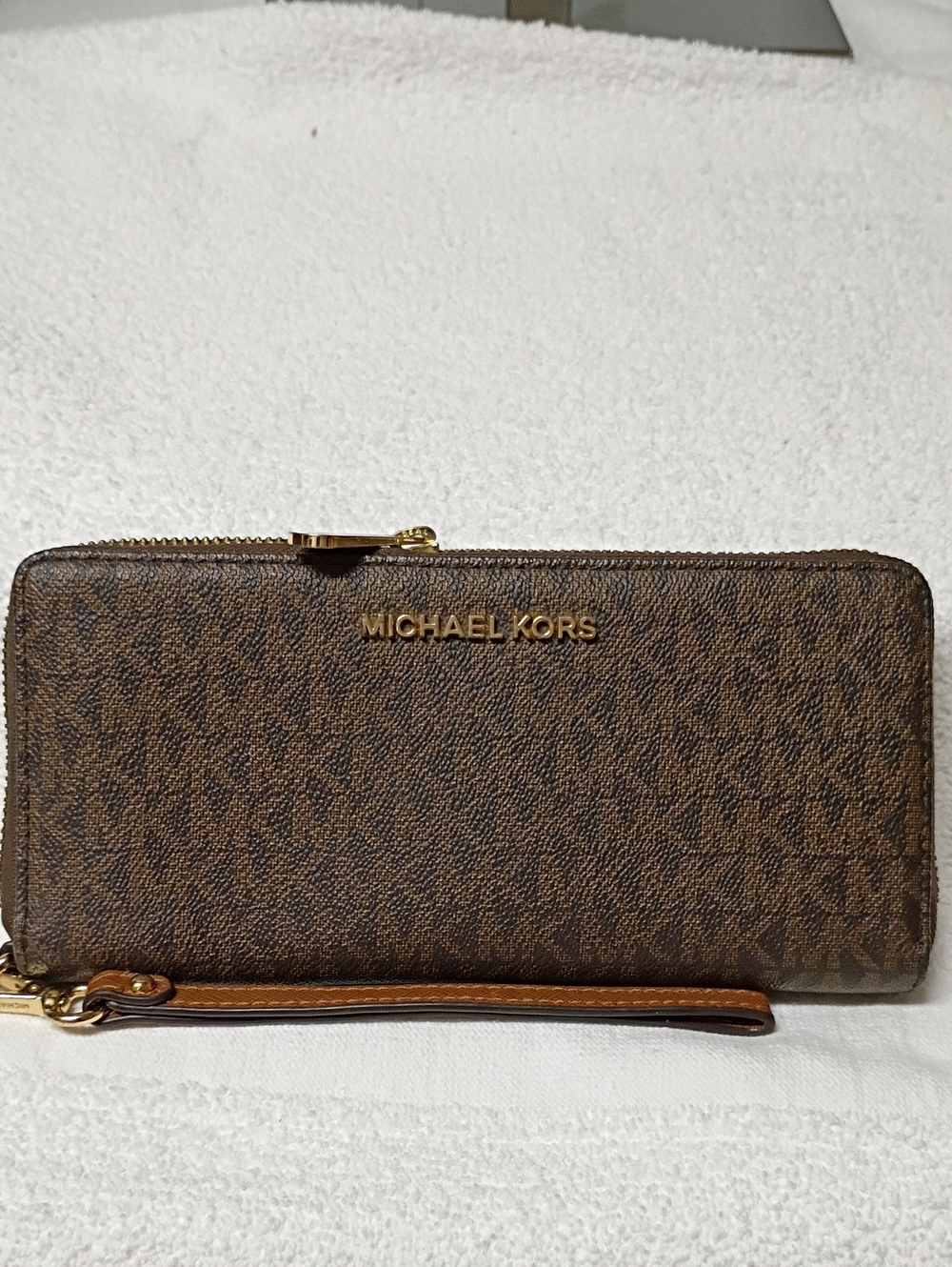 Michael Kors Brown Logo-Print Zip Around Wallet Wristlet